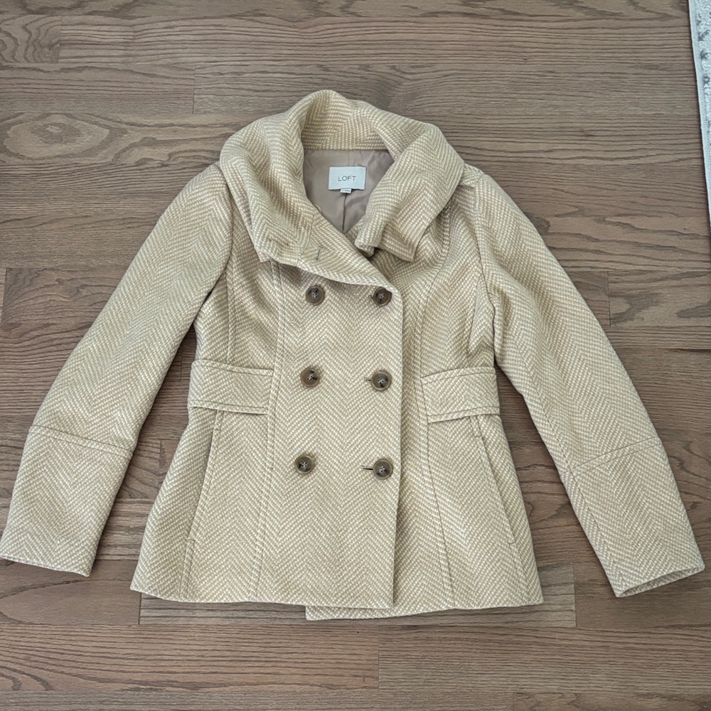 LOFT Women's Cream Herringbone Pea Coat